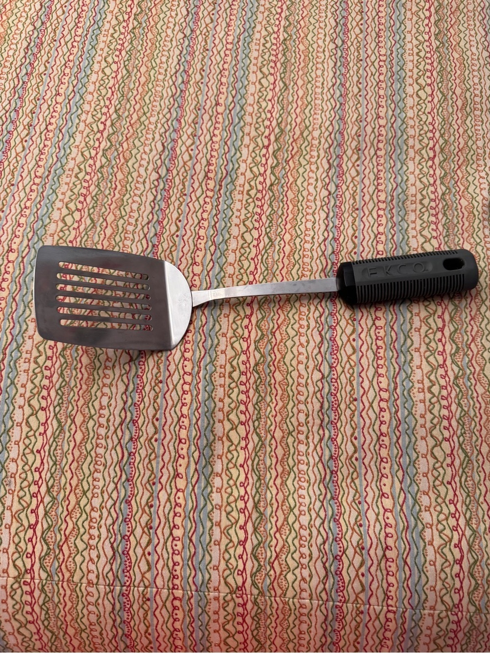 Vintage EKCO slotted spatula stainless steel blade and black rubber grip handle